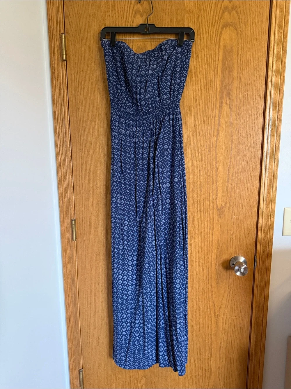 Abercrombie & Fitch Navy Blue Patterned Strapless Maxi Dress